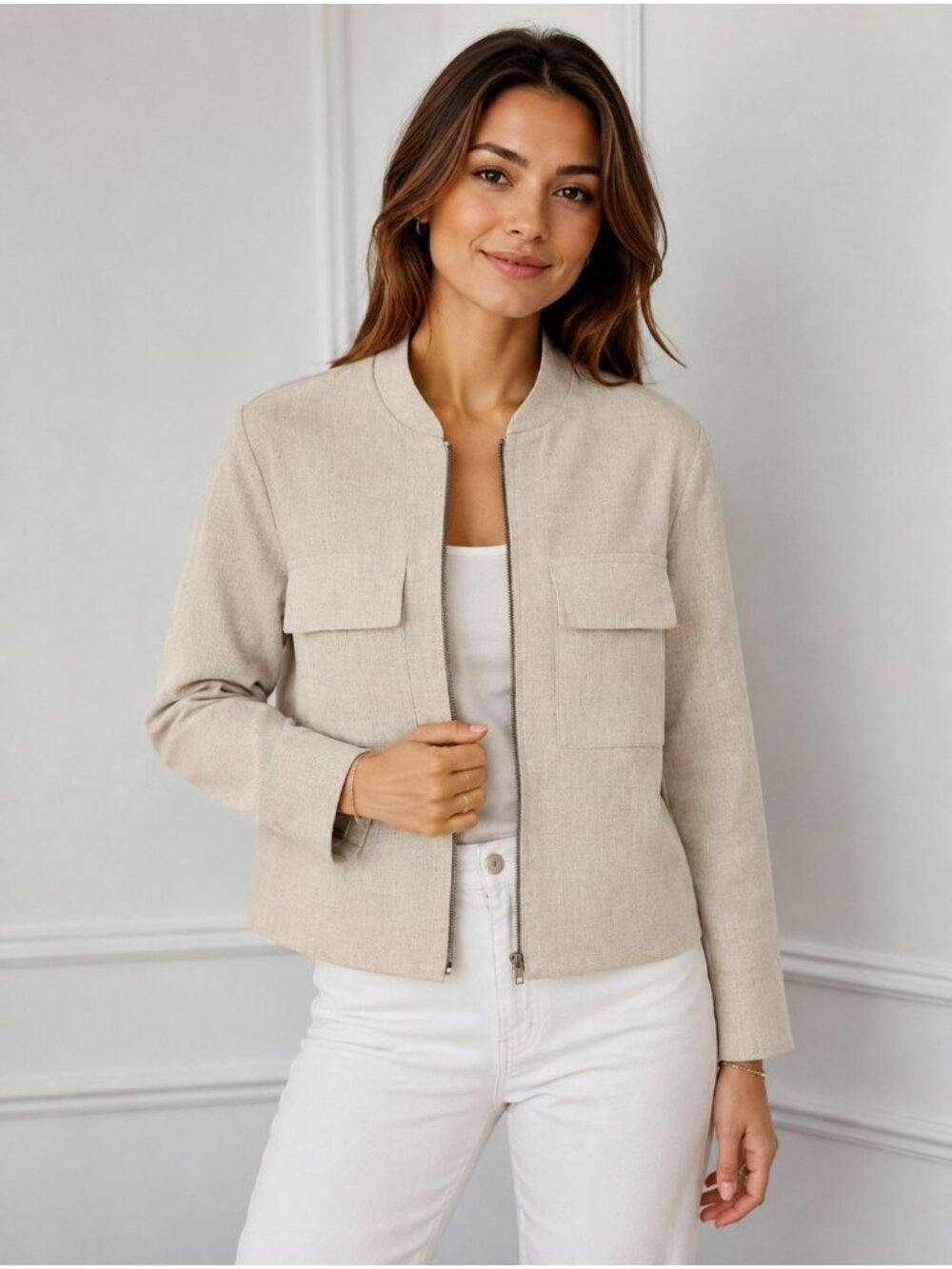 Banana Republic Womens Beige Cotton Linen Jacket XL With Zip Front & Pockets
